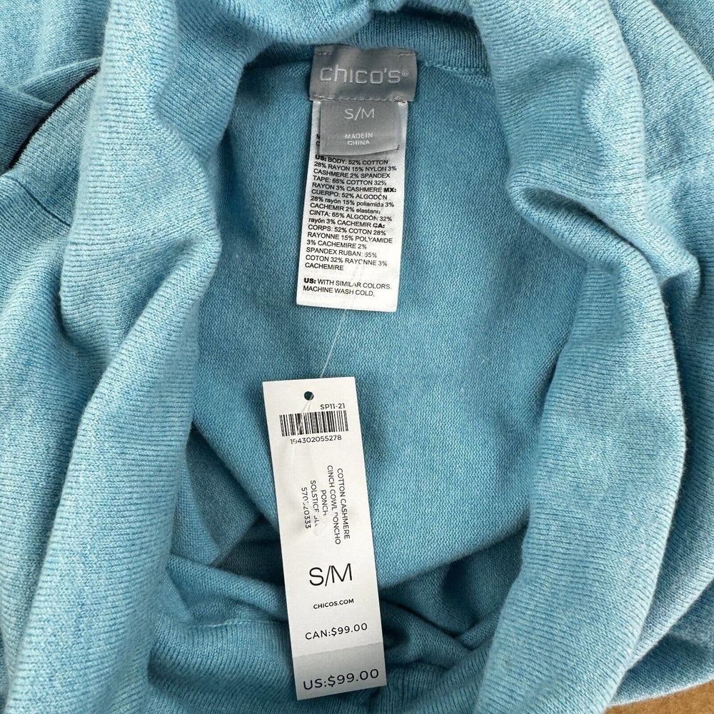 Chico's Cotton Cashmere Cinch Cowl Poncho Pullover Size S/M Blue Black - Picture 6 of 10